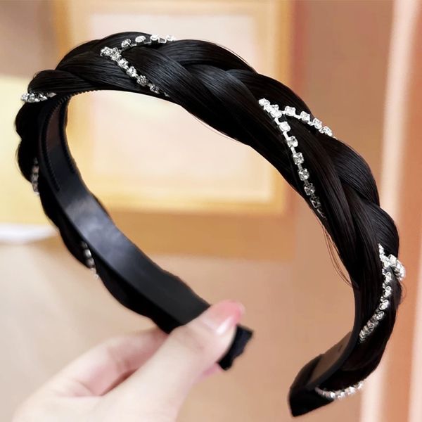 Headband 3 Strands Synthetic Hair Plaited Headband Braided Headband With Teeth Hair Band Hoop With Rhinestone Crystal Stretch Braid Headband Hairpiece Headdress for Women (Black Brown, Width 0.8 Inch)