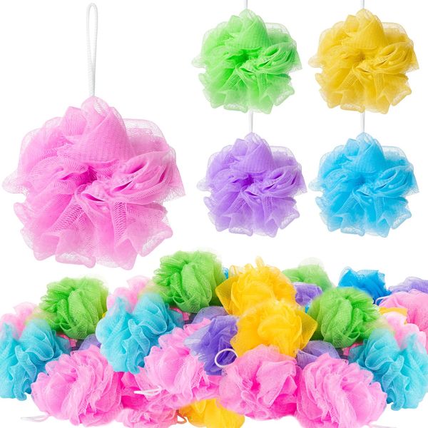 Chengu 80 Pcs Loofah Bulk Sponge Bath Sponges for Shower Bath Loofah Bulk Shower Pouf Shower Puff Wash Body Pouf Mesh Loofah Exfoliating Body Scrubber for Travel Baby Women Men, 20g (Mixed Colors)