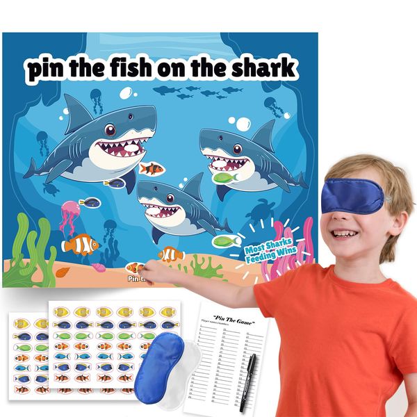 Pin The Fish on The Shark Party Game, Ocean Shark Themed Birthday Party Supplies Decorations for Kids