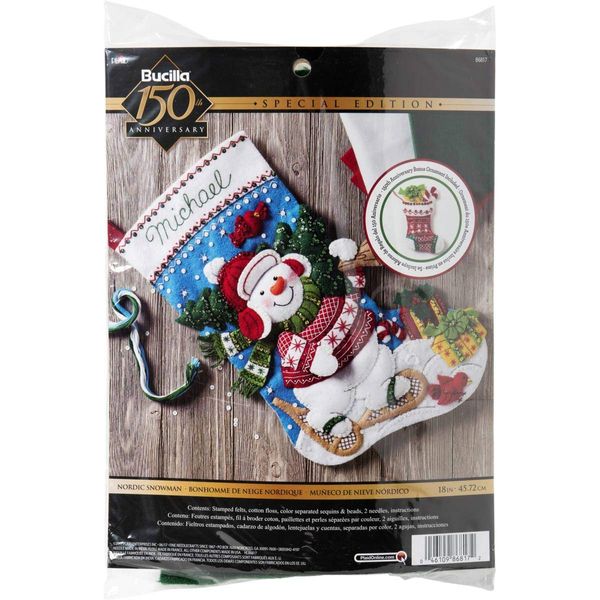 Bucilla Nordic Snowman Stocking Kit, 18" Felt stocking kit, Blue, White, Red