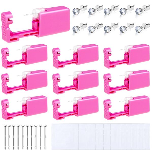 Evatage 10 Packs Self Ear Piercing Kit, Home Piercing Kit Disposable Ear Piercing Gun Kit with Stainless Steel Earring Studs for Pierce Your Own Ears (Rose Pink)