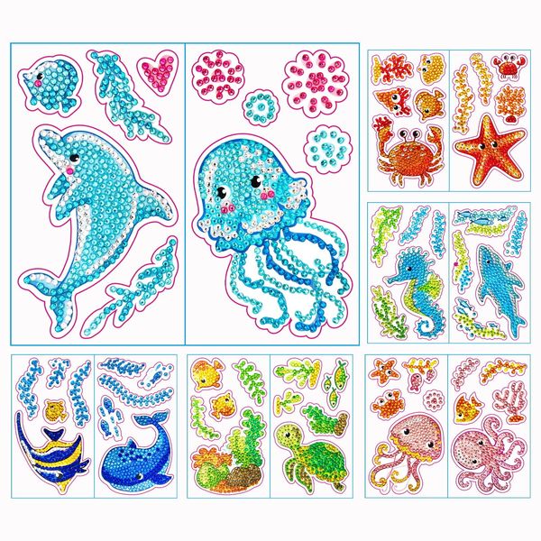 HeeBenor Diamond Painting Stickers for Kids 60 PCS Mosaic Diamond Art Stickers for Kids Diamond Painting Kit Gem Arts and Crafts Kits for Kids Diamond Dots for Kids Gift (Sea Animals)