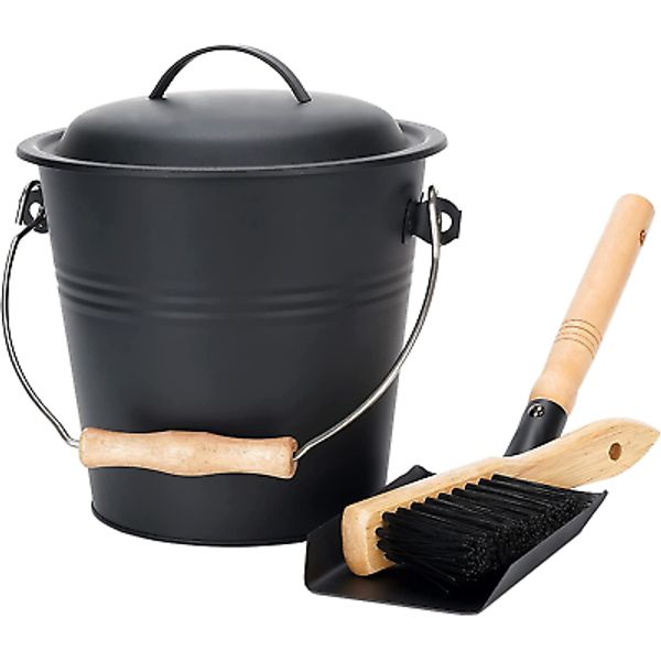 1.5-Gallon Metal Ash Bucket with Lid, Shovel, Broom - for Fireplaces, Wood Stove