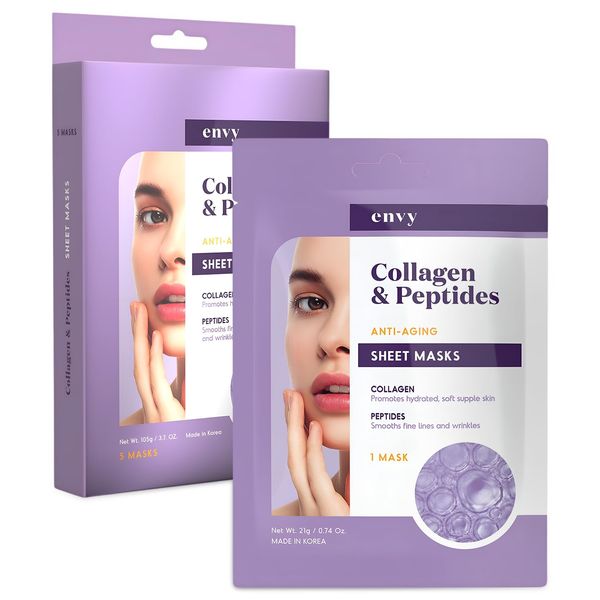 Envy Collagen & Peptides Sheet Face Mask - Dermatologist Tested - Prevents Sun Damage, Reduces Acne Scars & Wrinkles, Hydrating Sheet Mask - Korean Skin Care - All Skin Types - 5 Masks