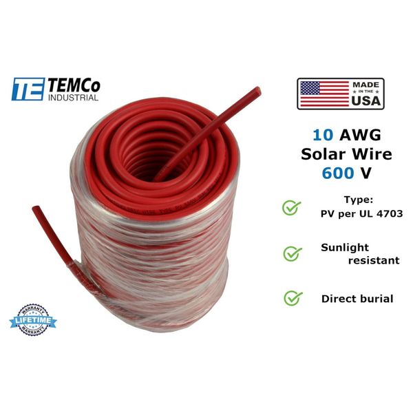 10 AWG Solar Panel Wire 500' Power Cable UL 4703 Copper MADE IN USA PV Gauge Red