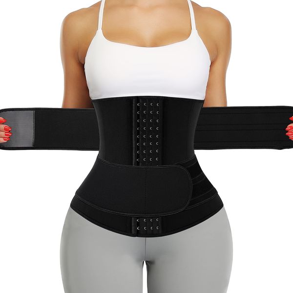 KIWI RATA Neoprene Sauna Waist Trainer Corset Sweat Belt with 2 Straps for Women Plus Size Compression Gym Workout Trimmer,#2 Hooks Black,XXX-Large