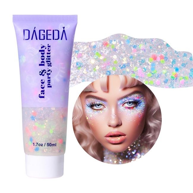 DAGEDA Body Glitter Gel, Face Glitters Body Gel Sequins Shimmer Liquid Eyeshadow, Chunky Glitter for Face Hair, Holographic Cosmetic Laser Powder Festival Glitter Makeup1.7oz (Candy)