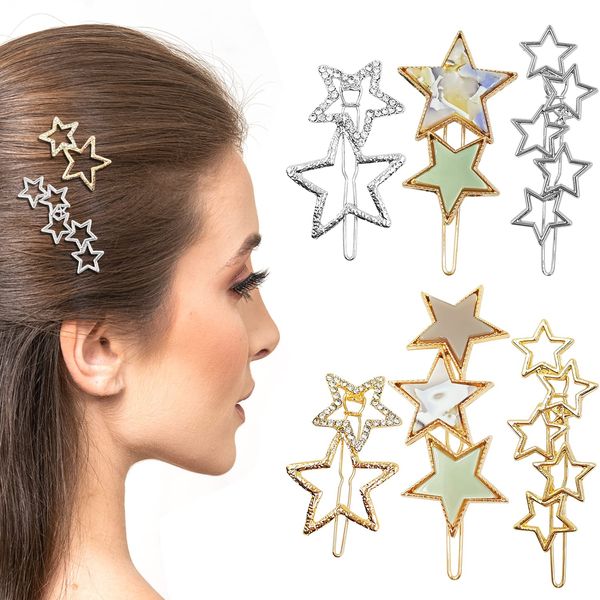 6 Pcs Star Hair Clips Pins, Elegant Rhinestone Vintage Cluster Star Metal Hair Pin, Non-Slip Hollow Solid Patterned Geometric Hair Barrettes for Women Girls Hair Styling Accessories, Gold & Silver