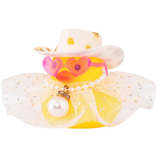 wonuu Car Rubber Duck Ornament Cute Duck Car Dashboard Decoration Accessories with Cowboy Hat Heart Shape Sunglasses, White&Golden Hat-White Skirt