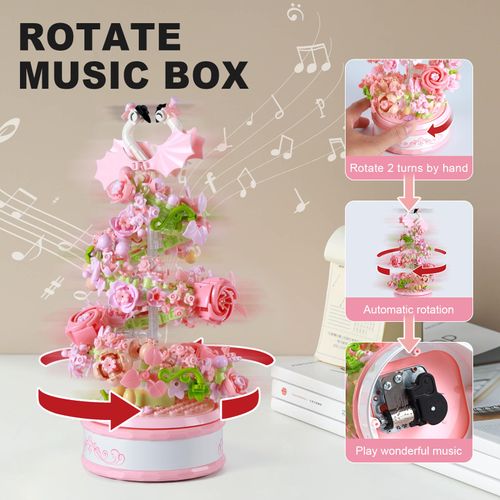 Flowers Music Box Building Block Kit with Light-713PCS Decoration Rotating Music Box Building Set,Botanical Collection Mother's Day, Valentine and Birthday Gifts for Girls Boys Adults Kids Ages 6+