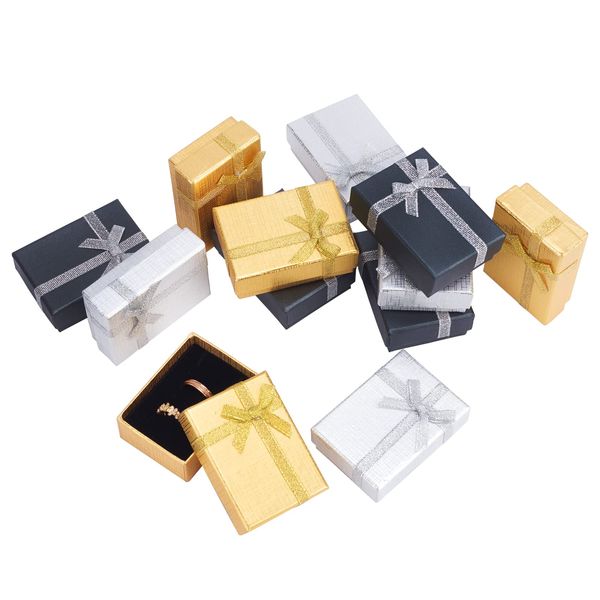 PH PandaHall Jewelry Gift Box Set 12Pcs 2.7x2x1 Inch Cardboard Paper Jewelry Boxes Gift Cases with Ribbon Bowknot for Earring Jewelry Rings Pendant Necklaces Bracelet Packaging Box Golden Silver Black