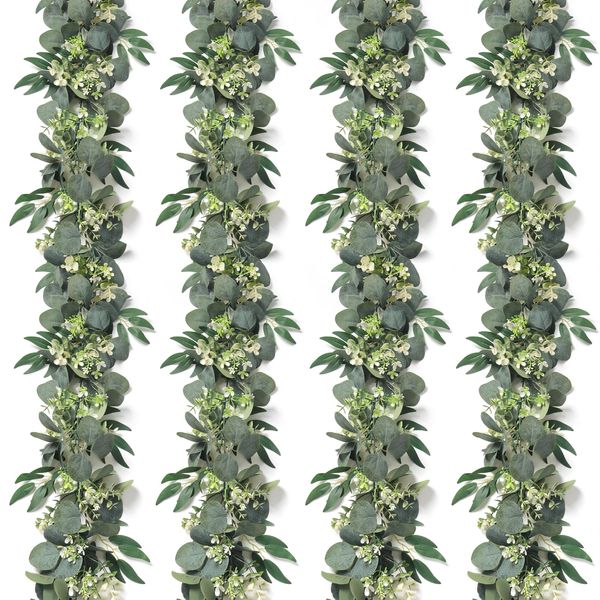 LOMOHOO 4pcs 5.9ft Plastic Silk Eucalyptus Garland, Premium Artificial Greenery Garland for Home Decor, Table Runner, Party Decorations