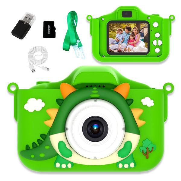 Kids Camera Toys, 1080P HD Selfie Dual Video Camera, Cute Dinosaur Cartoon Toddler Digital Camera for 3-12 Boys/Girls, Children Travel Camera, Christmas Birthday Gift for Kids, 32GB TF Card (Green)