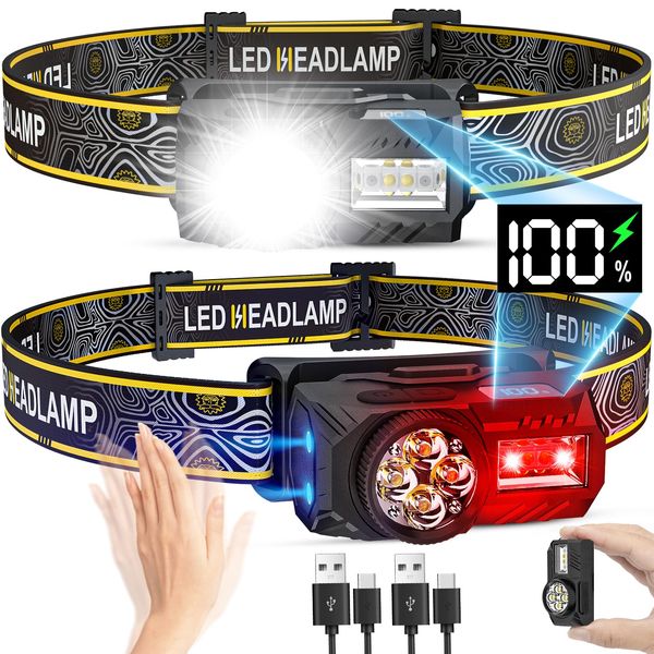 LED Head Torch Rechargeable, 【2 Pack】Super Bright 2000LM Headtorch with Red Light, 17H Runtime 7 Modes IPX5 Waterproof Work Headlamp with Clip, Headlight with Motion Sensor for Camping Hiking Running