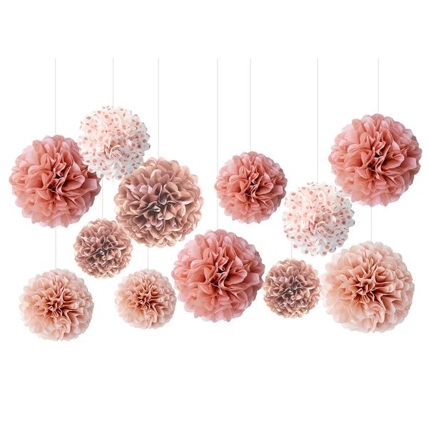 12 Pcs Rose Gold Paper Flower Balls, Tissue Pom Poms for Wedding Birthday, Bridal Shower, Feminine Girls Party, Backdrop Decoration