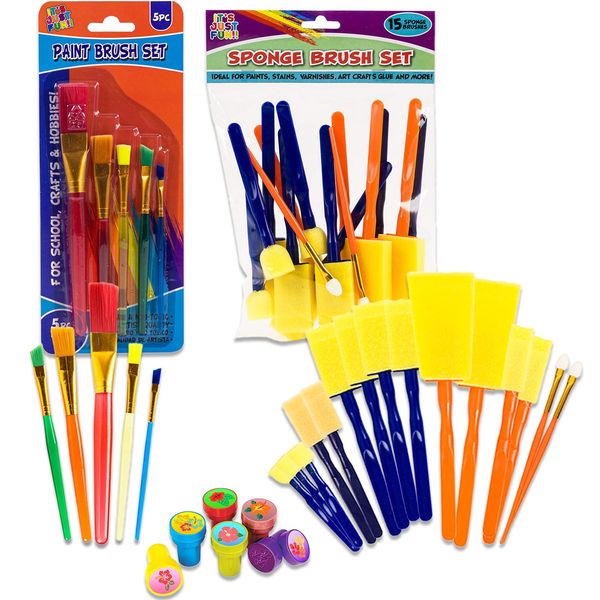 Paint Brushes Variety Pack for Kids - Kids Paint Brushes Variety Sizes Bundle Includes 20 Assorted Sizes Bristle Brushes and Sponge Brushes with Grip for Kids Plus Stamps | Paint Brush Variety Kids