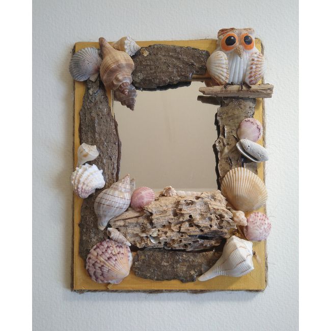 Whimsical Seashell Mirror with Owl 6" by 8" Rustic Decor Hand Made Wall Hanging