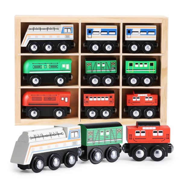 SainSmart Jr. 9 Pcs Wooden Train Set Magnetic Train Toys for Toddlers Kids Engine Vehicles Toy Train Cars for Boys Girls Compatible with Train Tracks