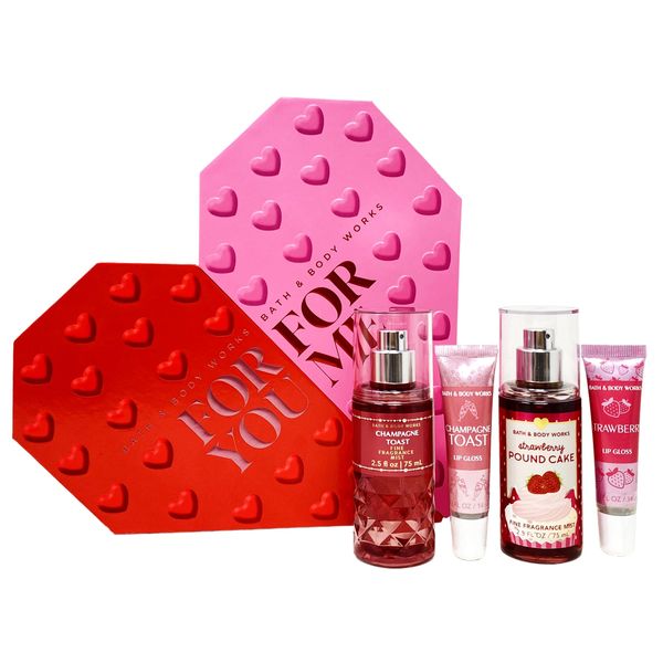 Bath and Body Work For You For Me Heart Shaped Gift Box Set - Strawberry Pound Cake and Champagne Toast - Travel Size