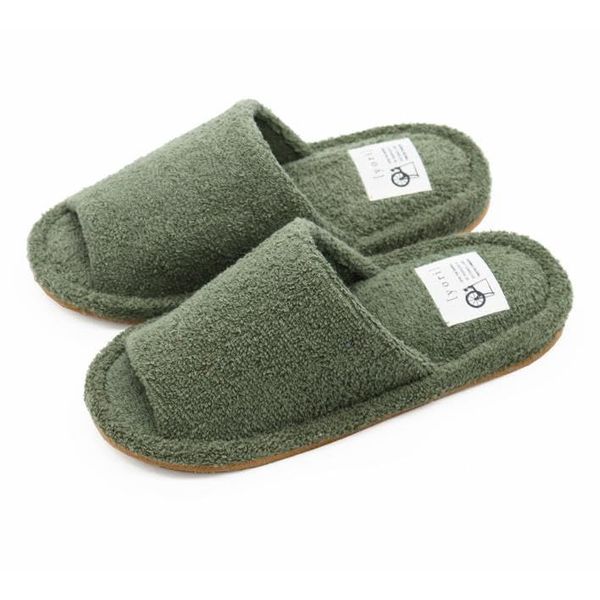 Aspersio Pile Fabric, Washable, Front Opening, Cool, Lightweight, Washable Slippers, Fluffy Slippers, green (olive green)