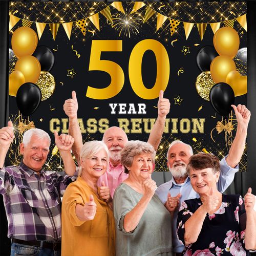 JOYMEMO 7x5ft 50 Year Class Reunion Backdrop - Black and Gold 50th School Class Reunion Decorations, Photography Background for Class of 1975 High School Reunion Welcome Back Party