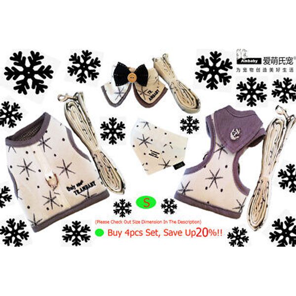 Ambaby 4Pc Set  S/M/L Pet Cat Dog Collar Dog Bandana Puppy Dog Harness Dog Leash