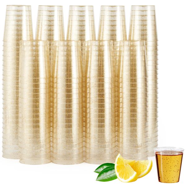 MATANA 600 Double Shot Glasses (60ml) - Clear Hard Plastic with Gold Glitter - Reusable Jello & Tequila Shots, Dessert Pots, Sample Tasting Cups for Birthdays, Weddings, BBQs, Parties