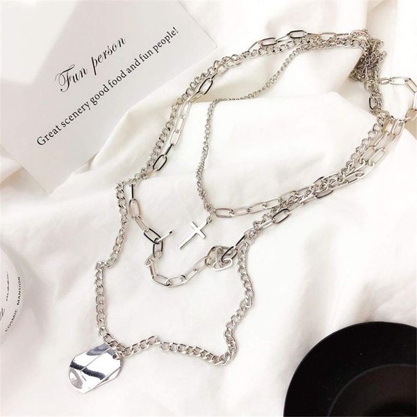 VESOCO Dainty Unique Punk Layering Silver Chain Choker Necklace Boho Jewelry Set Layered Cross Pendant Statement Chunky Chain Necklace for Women Man (Silver)