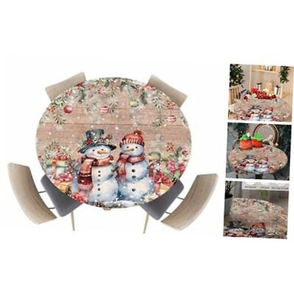 Christmas Elastic Round Tablecloth Winter Snowman Gift on 60" (Round) Brown