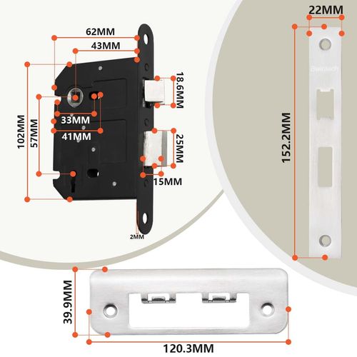 Bwintech 1 PCS 3 Lever Satin Nickel Mortice Sashlock 65mm (2.5 Inch), Door Lock with Key for Internal Doors, Reversible Catch