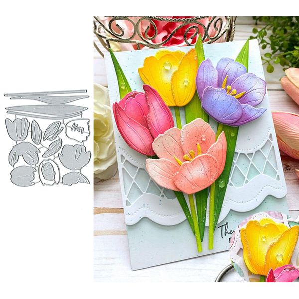 Metall-Stanzschablonen-Set mit Tulpenblumen, Frühlingsblumen, Blättern, Stanzschablonen für Bastelarbeiten, Scrapbooking, Alben, dekorative Prägepapier-Stanzformen, Kartenherstellung