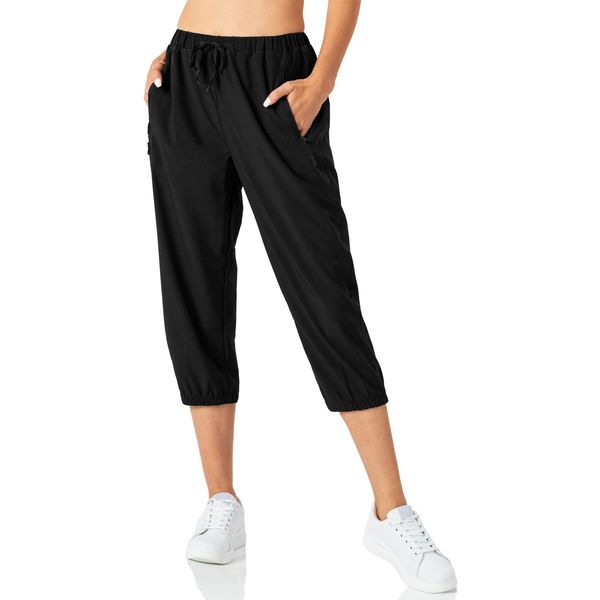 Butrends Damen Leichter Jogger Caprihose Casual Schnell trocknend Hose Workout 3/4 Workout Joggerhose Sonnenschutz UPF 50+ Wanderhose mit Tasche Schwarz, XL