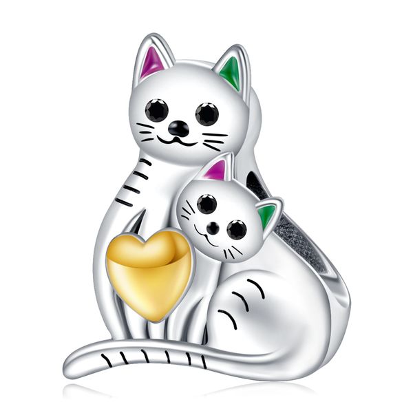 NINGAN 925 Sterling Silver Cat Mom and Baby Charms for Women Charms Bracelets Golden Heart animal Charm for Mom Birthday