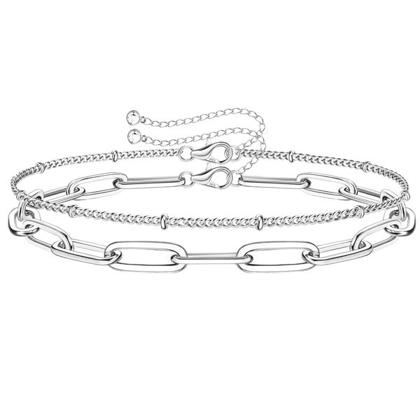 KRFY 925 Sterling Silver Clasp Paperclip Chain Bracelets 14 K White Gold Plated Solid Diamond-Cut Paperclip Chain Women Bracelet Adjustable Layered Bead Bracelets for Women Girls