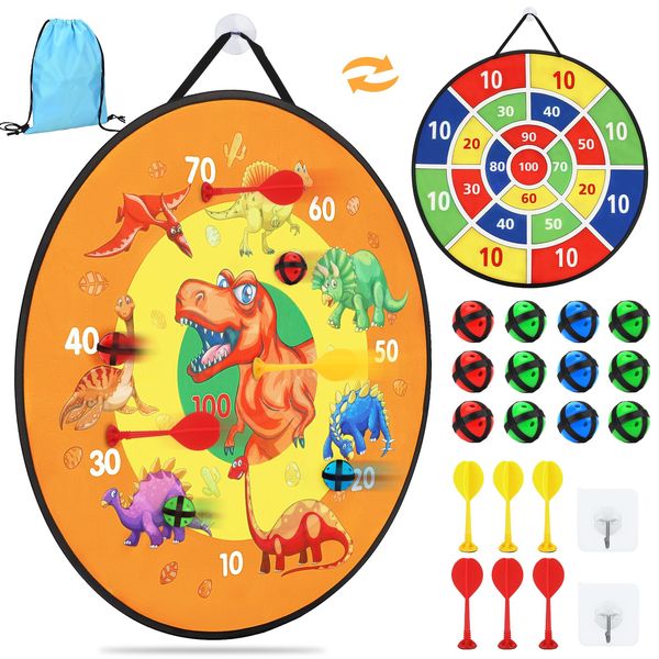 26 Inches Double-sided Foldable Kids Dart Board Set, Velcro Dart Board for Party Garden Games for Kids with 12 Velcro Balls, Outdoor Toys & Presents for 5 6 7 8 9 10 11 Year Old Boys, Dinosaur