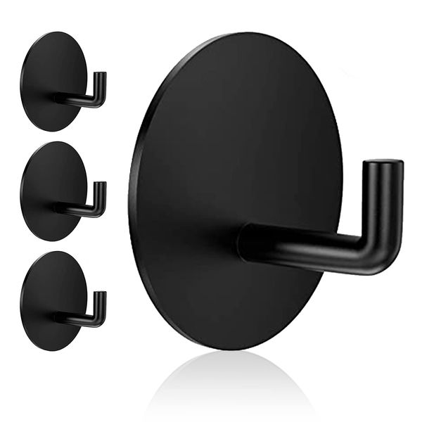 Rise age Adhesive Hooks Heavy Duty Waterproof in Shower Hooks for Hanging Loofah, Towels, Clothes, Robes for Bathroom Removable Adhesive Wall Hooks Door Hook Stainless Steel Black Stick on Hooks 4 Pcs