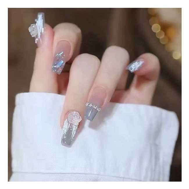 Domiya Nail Tip, 3D Nail, 24 Pieces, Short Nail Tip, Very Short, Popular, Nail Sticker, Cute, False Nail, Round Tip, Fashion, Nail, Wedding Nail Tip, Bride Nail (MJ-217)