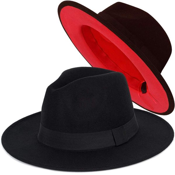 FADACHY Trendy Fedora Hat Wide Brim Panama hat Dress Felt Hat Red Bottom Two Tone, Black L Large XL