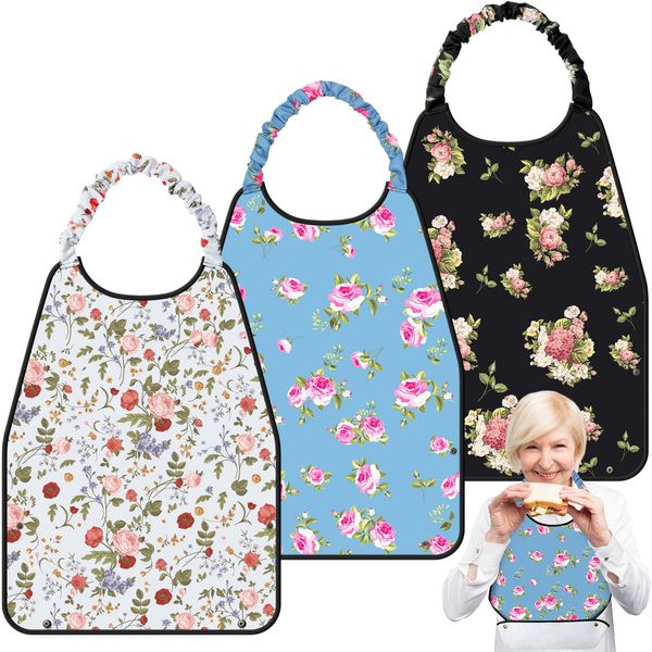 Shihanee 3 Pcs Adult Bibs for Women Adjustable Neck Closure Bibs Waterproof Clothing Protector with Crumb Catcher(Floral 2)