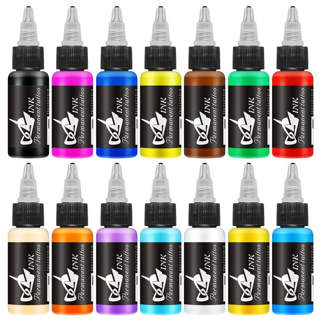 BAODELI 14 Colors 30ml Tattoo Ink Set - Permanent Tattoo Ink for 3D and Traditional Tattoos - Vibrant Tattoo Pigment for Tattoo Artists - Tattoo Ink Kit with 14 Shades of Color.