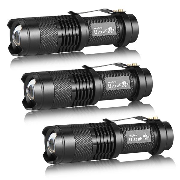 ULTRAFIRE 3 Pack Mini Flashlights Focus Adjustable SK68 Single Mode Tactical LED Flashlight, Ultra Bright 300 Lumens Torch