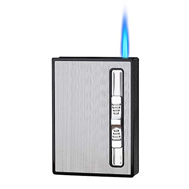 Cigarette Case with Built-in Lighter Windproof Refillable Butane Jet Torch Lighter Automatic Ejection Cigarette Case Dispenser Box Holder (Gray)