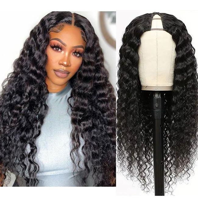 Liwihas V Part Deep Wave Wig Human Hair For Black Women V Shape Half Wig 180% Density Wig No Leave Out Lace Glueless Deep Curly Upgrade U Part Wigs(26inch, Natural Black)