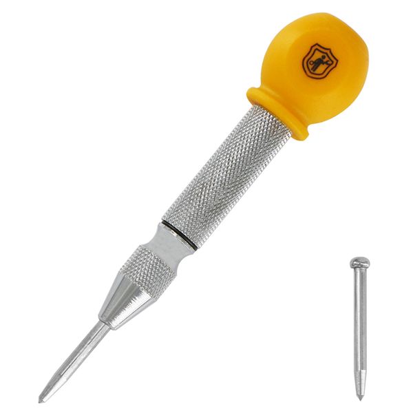 MulWark 5" Spring-Loaded Automatic Steel Center Hole Punch Marker Scriber For Wood, Metal, Plastic, Car Window Puncher Breaker Tool-With Palm Cushion Cap, Adjustable Impact-A Replacement Tip Included