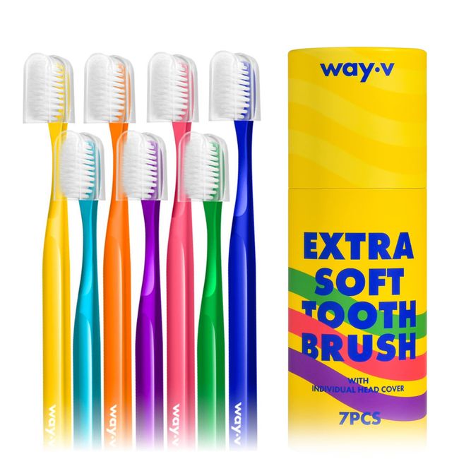WAY.V Extra Soft Toothbrush with Individual Head Covers, 7 Pcs Soft Bristle Manual Toothbrushes for Sensitive Gums - Family and Guests (7 Counts)