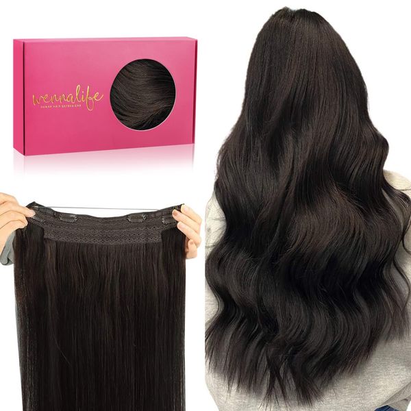 WENNALIFE Secret Hair Extensions Echthaar, 50cm 20 Inch 110g Dunkel Braun Remy Haarverlängerung Echthaar Wire Hair Extensions Fish Line Unsichtbare Draht Extensions Echthaar