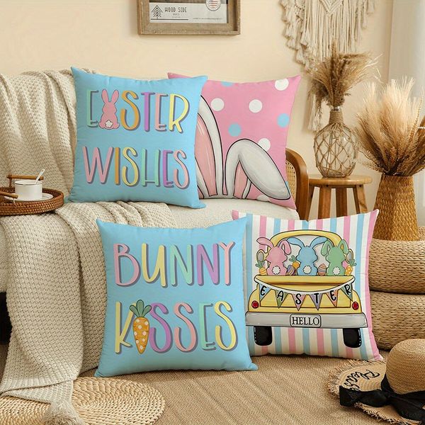 4 Piece Easter Pillow Cover - Cute Bunny Pattern in Blue Pink