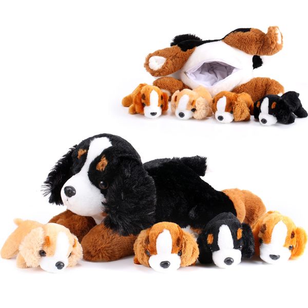 5 Stück Welpen Kuscheltiere Mama Hundebauch mit 4 Niedlichen Plüschtier Hunde Spielzeug Kissen Weich und Kuschelig Stofftiere Welpen Sortiment für Geburtstag (Sennenhund)