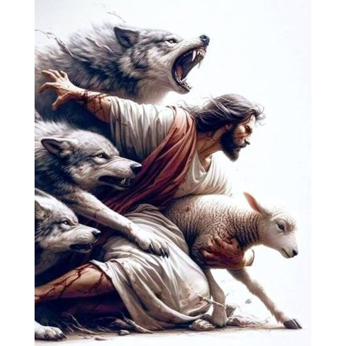 YIMORE 5D DIY Diamond Art Painting Kits Christ Jesus Wolf and Lamb 16X20 inches for Adults ，Full Round Drill Rhinestone Embroidery for Home Wall Decor