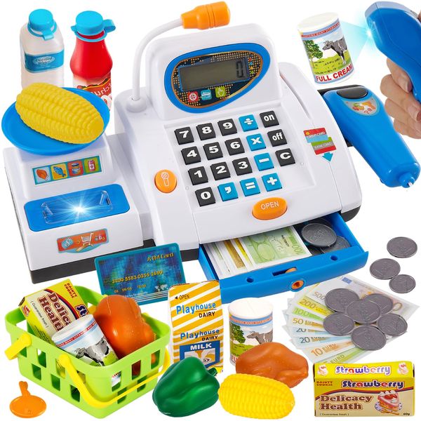 HERSITY Kids Cash Register with Scanner, Real Calculator, Play Money Coins, Food, Children Cashier Toy Set for Boys Ages 3-5, Pretend Play Shopping Games for Toddlers 3 4 5 Years Old